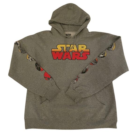 RARE Star Wars Hoodie M | Retro Logo, Sleeve Graphics, Gray Pullover, Fleece - Picture 1 of 10